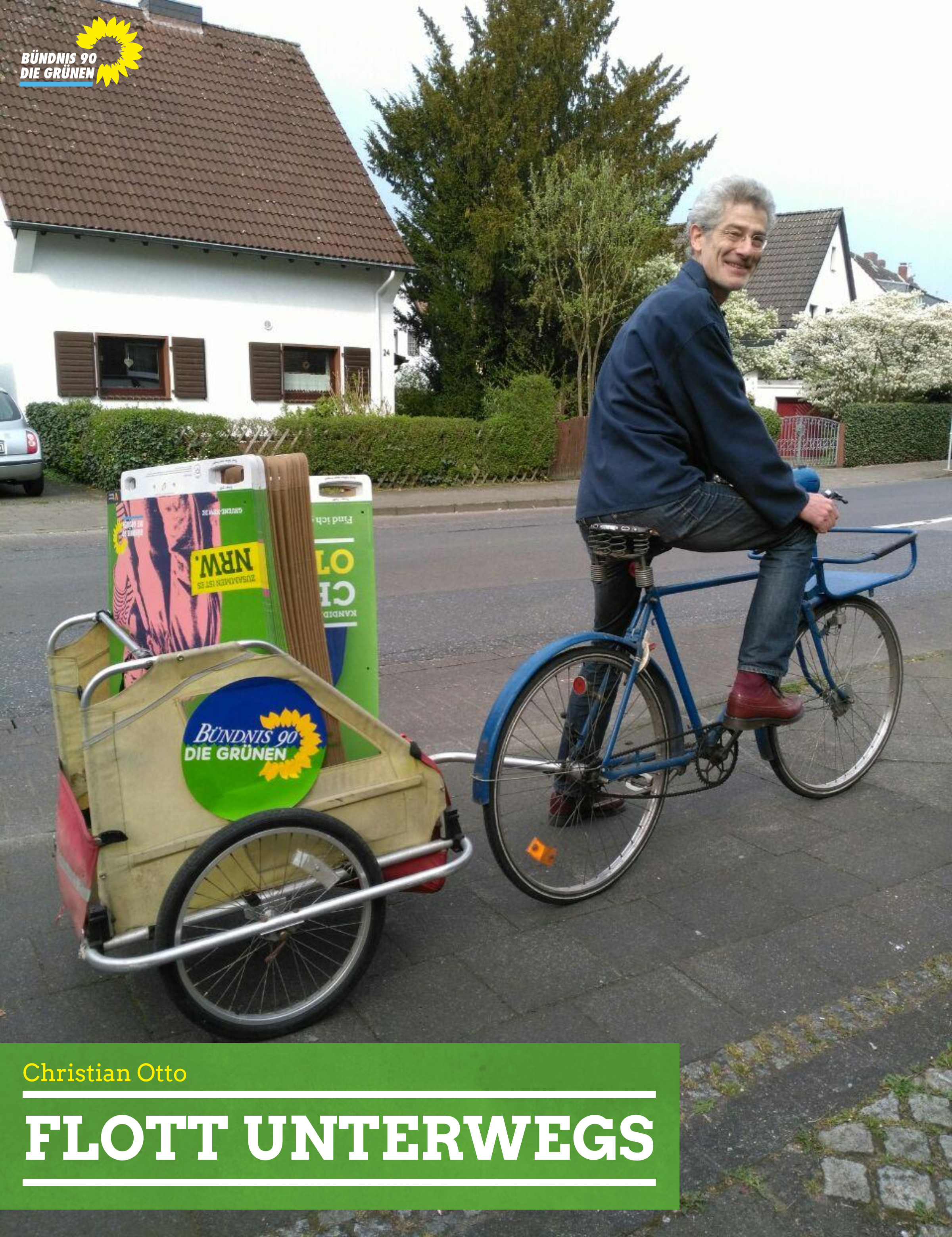 Christian Otto, Plakatieren mit dem Fahrrad und Anhänger zur Landtagswahl NRW in Ratingen